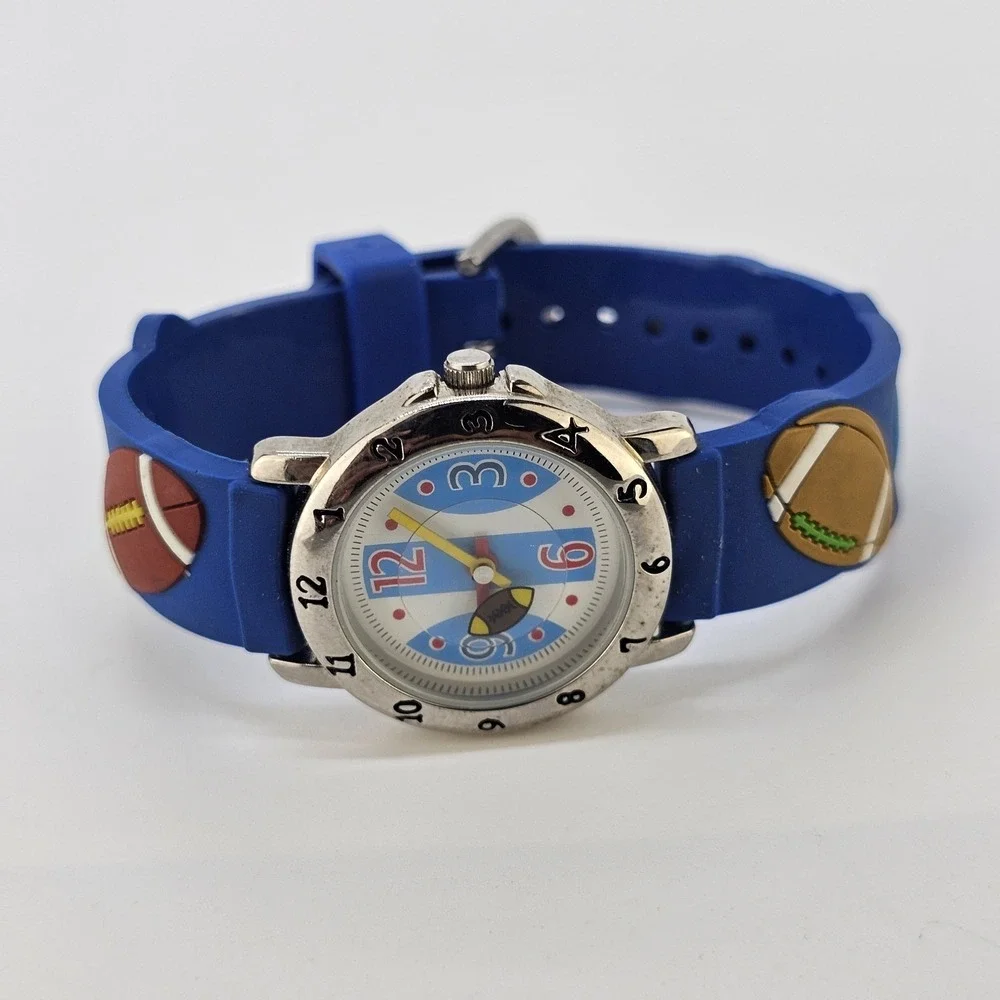 Boys Football Analog Watch 28MM White Dial Multicolor Plastic Bands New Battery